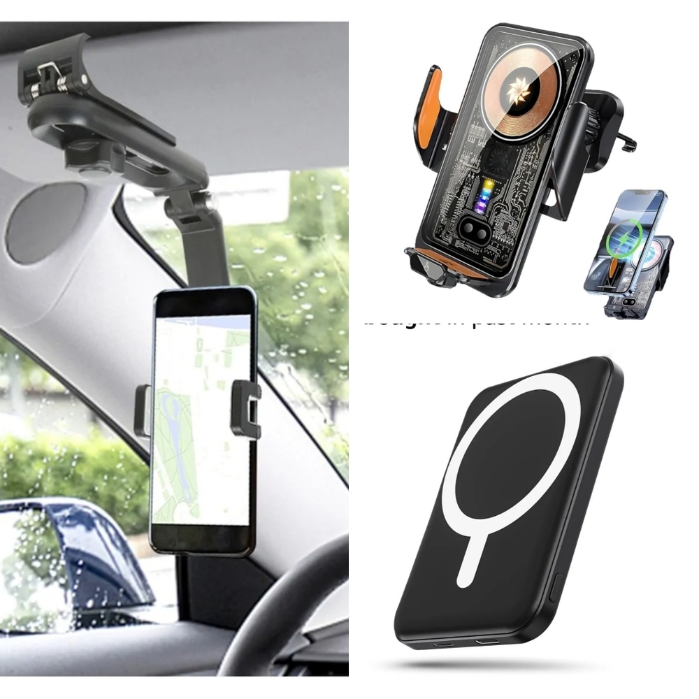 Sun Visor Cellphone Holder, Wireless Charging Car Holder & Magnetic Power Bank